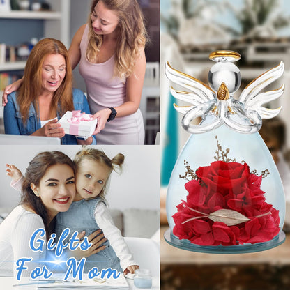 Valentines Day Gifts for Women Birthday Gift Blue Rose Gift Angel Statues Gifts for Her Artificial Flowers in a Glass Dome Gift Idea for Mon Forever Rose Wife Anniversary Wedding Gifts
