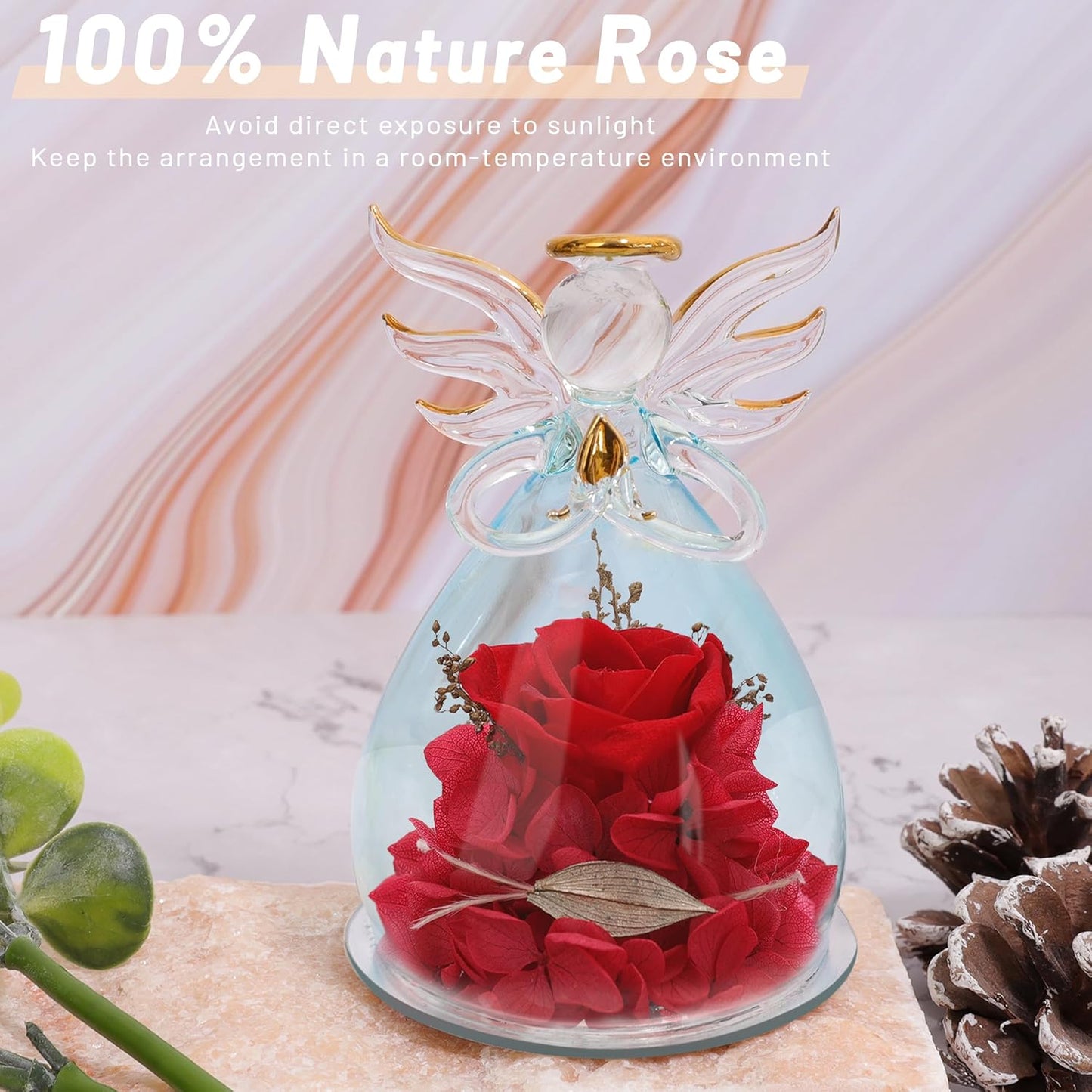 Valentines Day Gifts for Women Birthday Gift Blue Rose Gift Angel Statues Gifts for Her Artificial Flowers in a Glass Dome Gift Idea for Mon Forever Rose Wife Anniversary Wedding Gifts