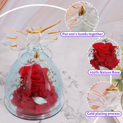 Valentines Day Gifts for Women Birthday Gift Blue Rose Gift Angel Statues Gifts for Her Artificial Flowers in a Glass Dome Gift Idea for Mon Forever Rose Wife Anniversary Wedding Gifts