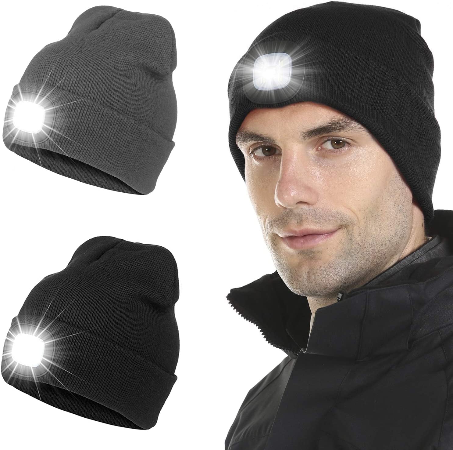 Unisex 2 Pack LED Beanie with Light, USB Rechargeable Caps Winter Headlamp Beanie Cap Gifts for Men Women Dad