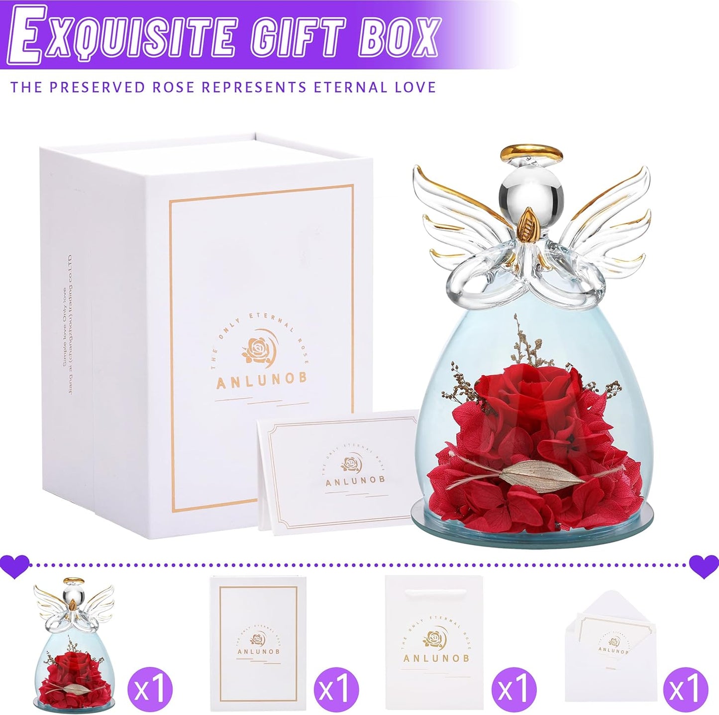 Valentines Day Gifts for Women Birthday Gift Blue Rose Gift Angel Statues Gifts for Her Artificial Flowers in a Glass Dome Gift Idea for Mon Forever Rose Wife Anniversary Wedding Gifts