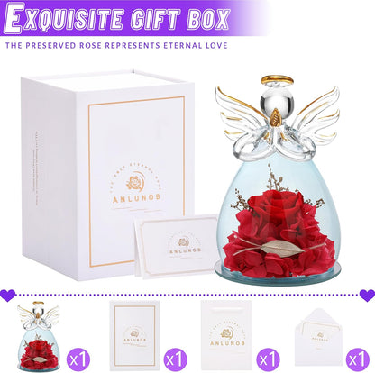 Valentines Day Gifts for Women Birthday Gift Blue Rose Gift Angel Statues Gifts for Her Artificial Flowers in a Glass Dome Gift Idea for Mon Forever Rose Wife Anniversary Wedding Gifts