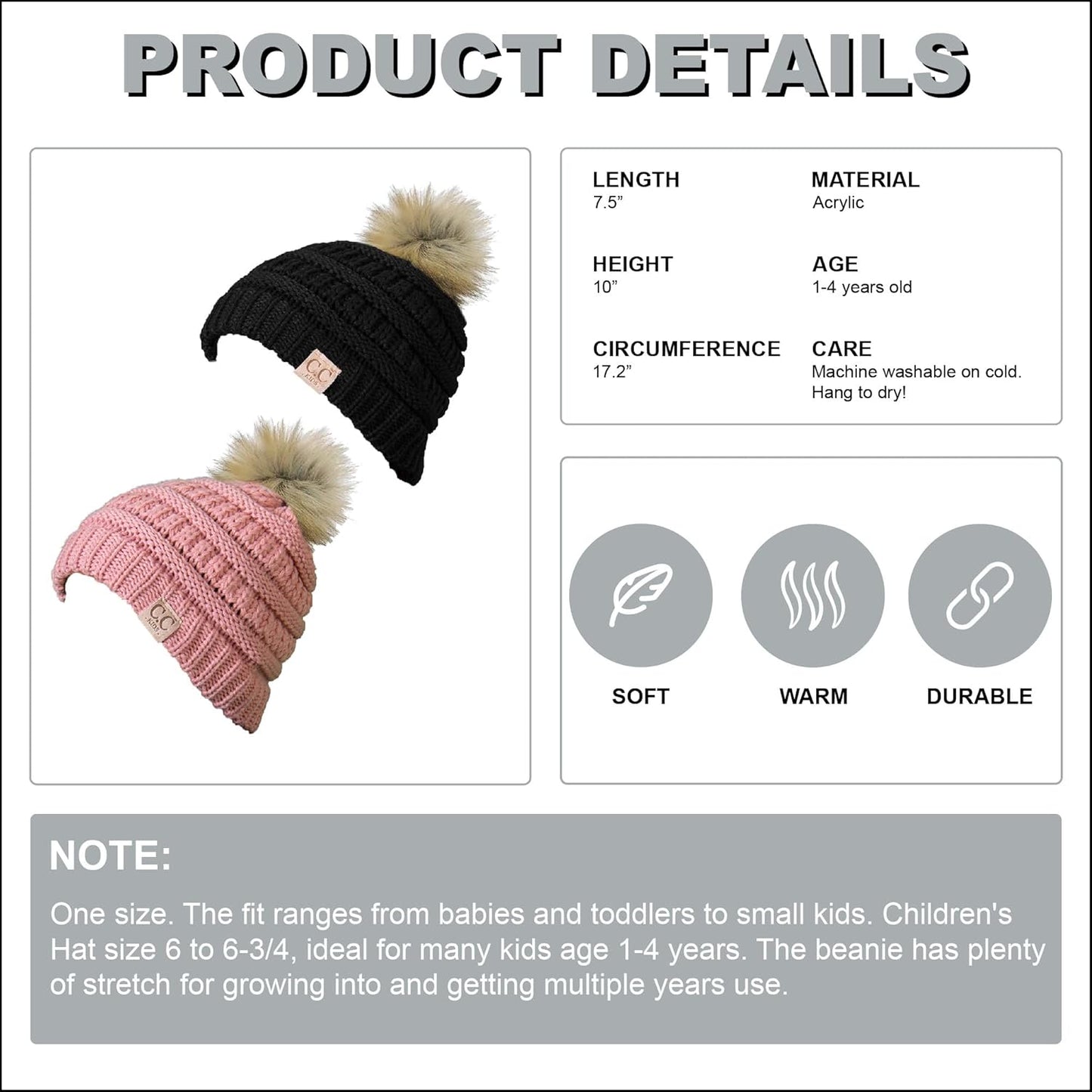 Toddler Pom Beanie – Kids Winter Hat for Ages 1–4, Baby Boy & Girl Knit Beanies, Warm Cozy Knit Snow Hats