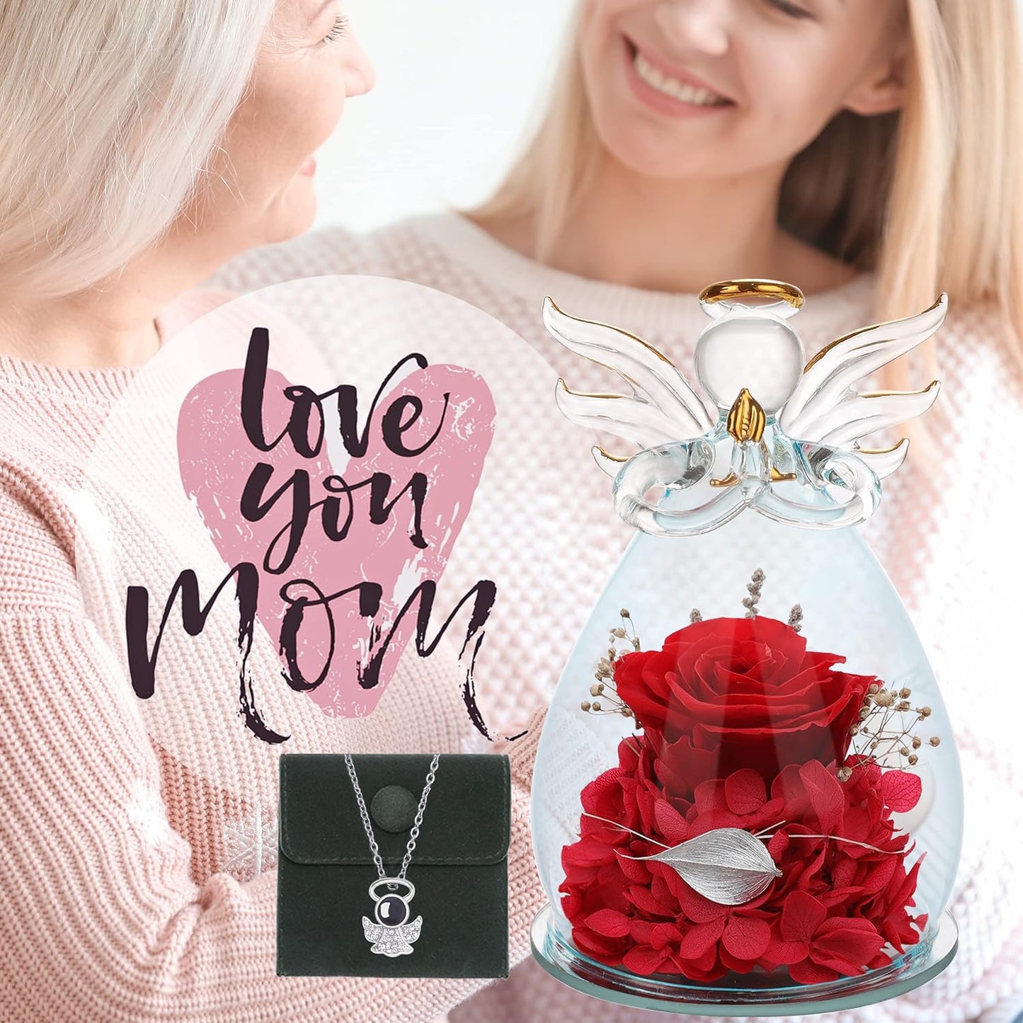 Valentines Day Gifts for Women Birthday Gift Blue Rose Gift Angel Statues Gifts for Her Artificial Flowers in a Glass Dome Gift Idea for Mon Forever Rose Wife Anniversary Wedding Gifts