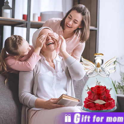 Valentines Day Gifts for Women Birthday Gift Blue Rose Gift Angel Statues Gifts for Her Artificial Flowers in a Glass Dome Gift Idea for Mon Forever Rose Wife Anniversary Wedding Gifts