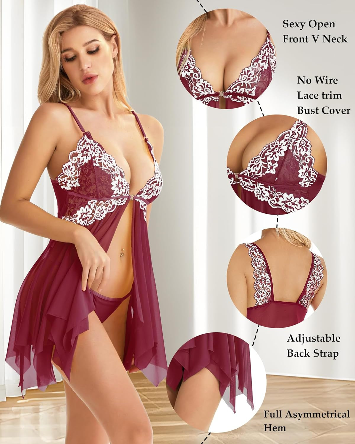 Women Lingerie Babydoll Front Closure Mesh Lace Chemise Sleepwear Nightie