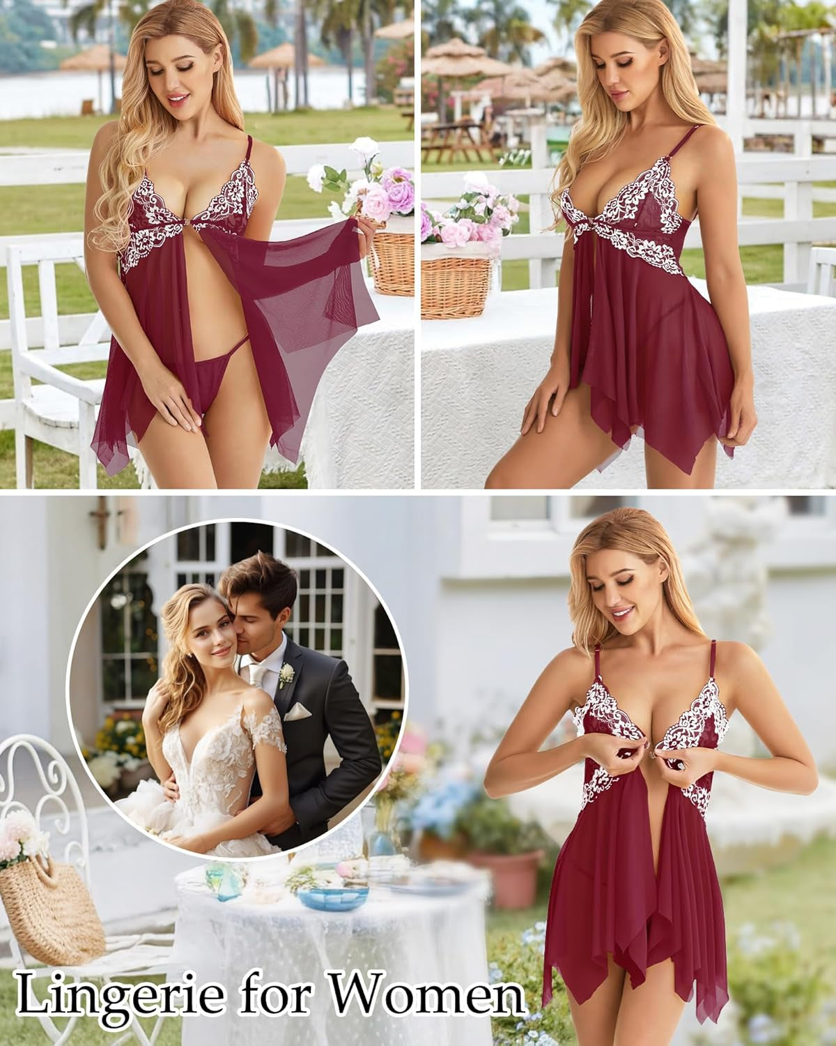 Women Lingerie Babydoll Front Closure Mesh Lace Chemise Sleepwear Nightie