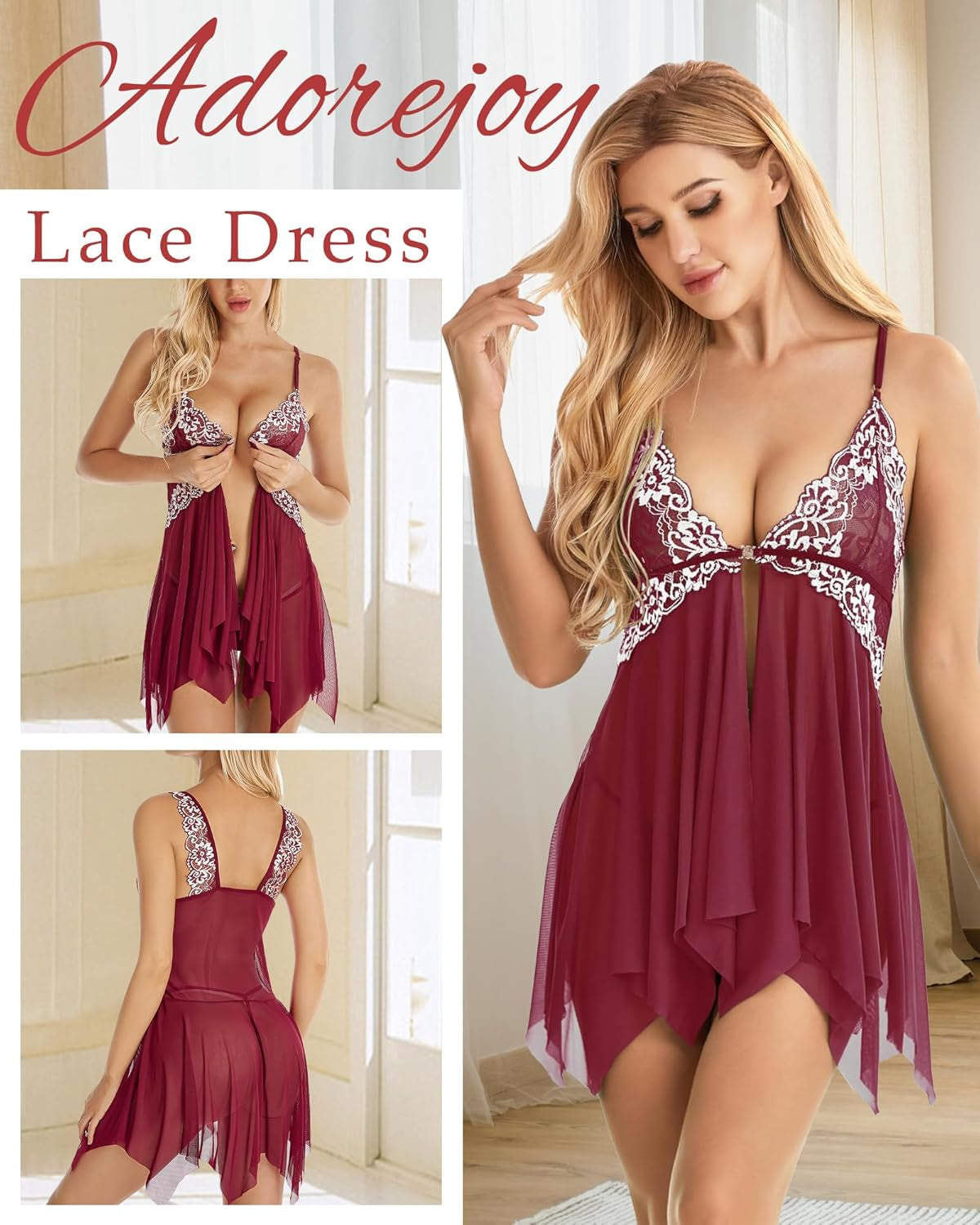 Women Lingerie Babydoll Front Closure Mesh Lace Chemise Sleepwear Nightie