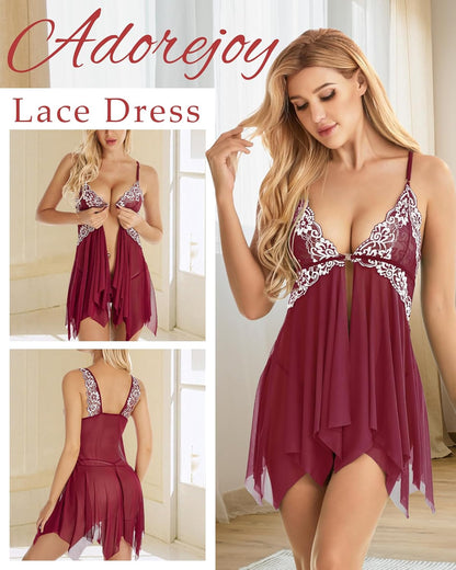 Women Lingerie Babydoll Front Closure Mesh Lace Chemise Sleepwear Nightie